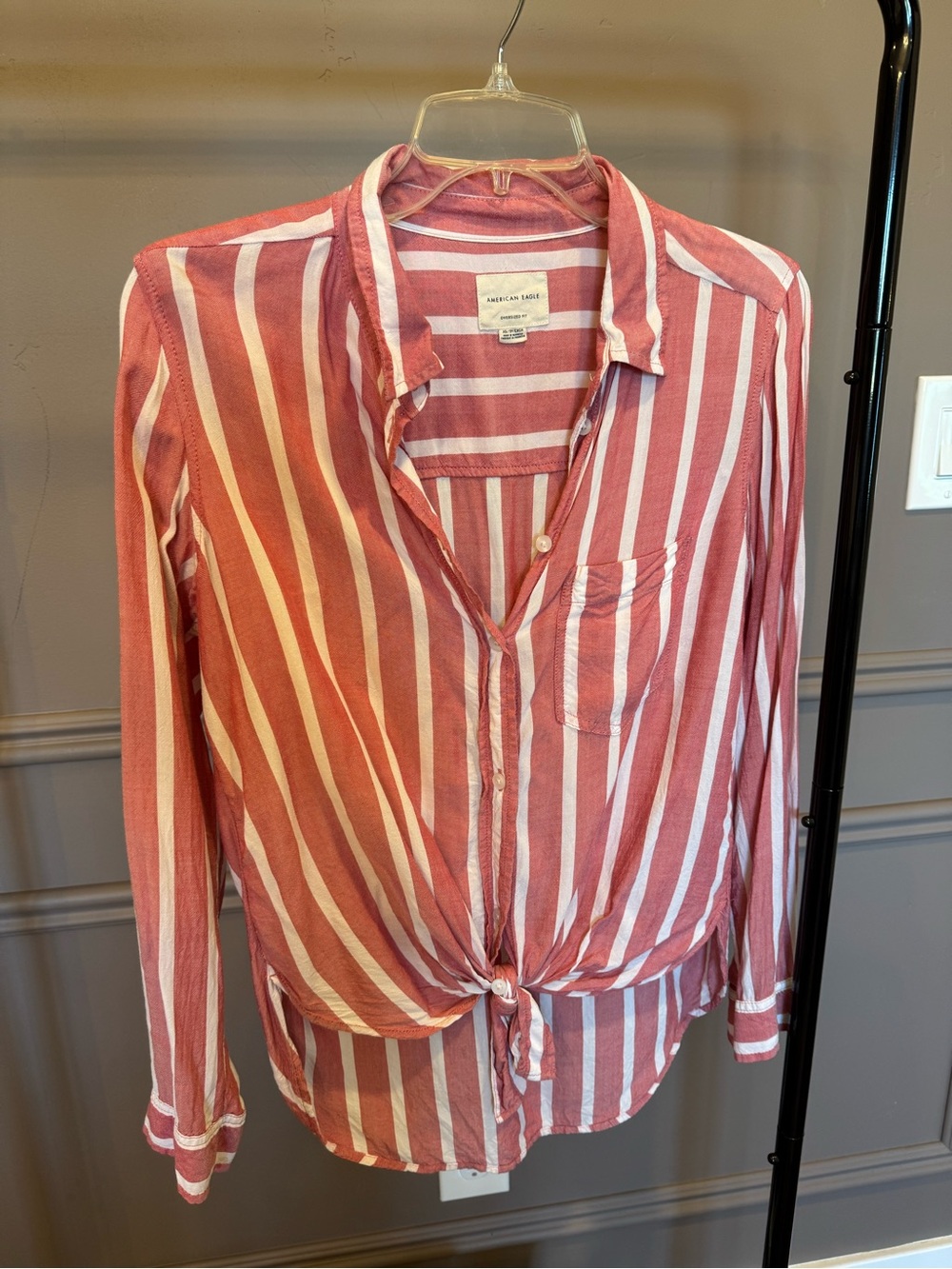 American Eagle Outfitters Rose Pink & White Striped Tie-Front Button Down Shirt
